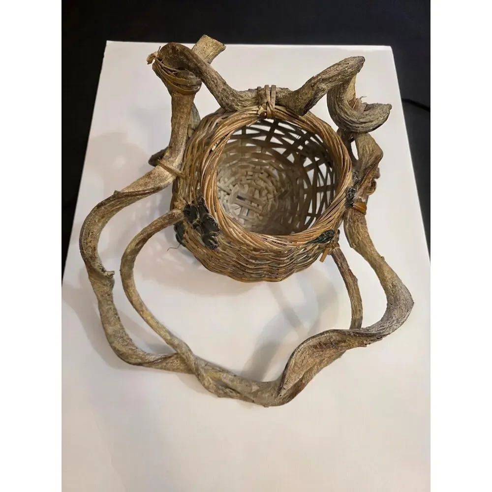 Handwoven Root Branches Rustic Sculpted Fruit & Leaves Basket Primitive Rustic